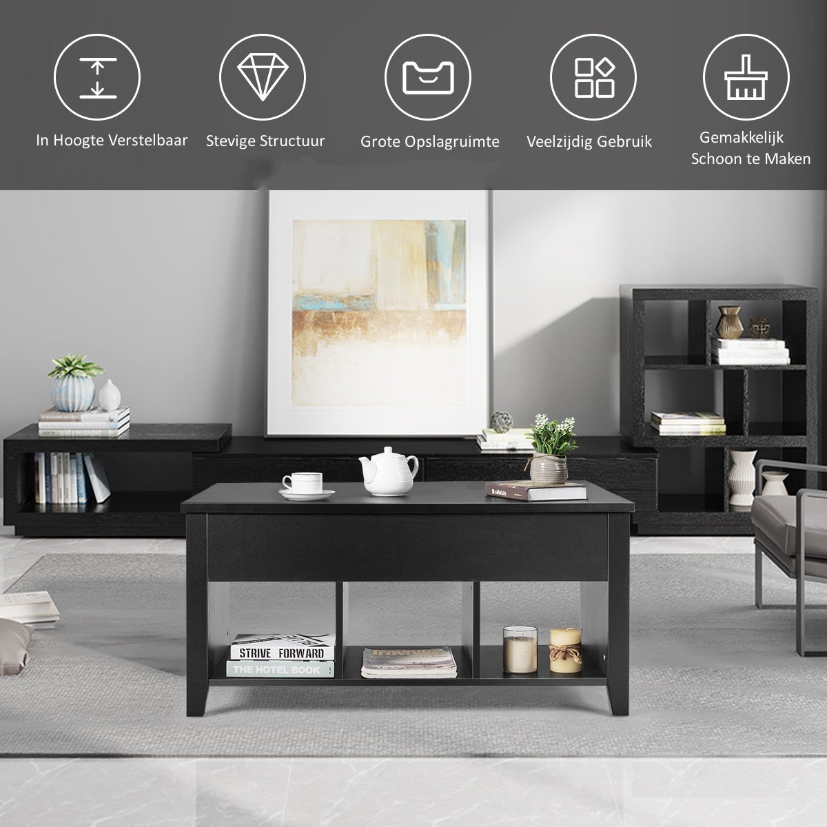 LIVSK Salontafel met Tilbaar Tafelblad - Verborgen Opbergruimte - Drie Open Planken - Modern Design - Spaanplaat - Zwart