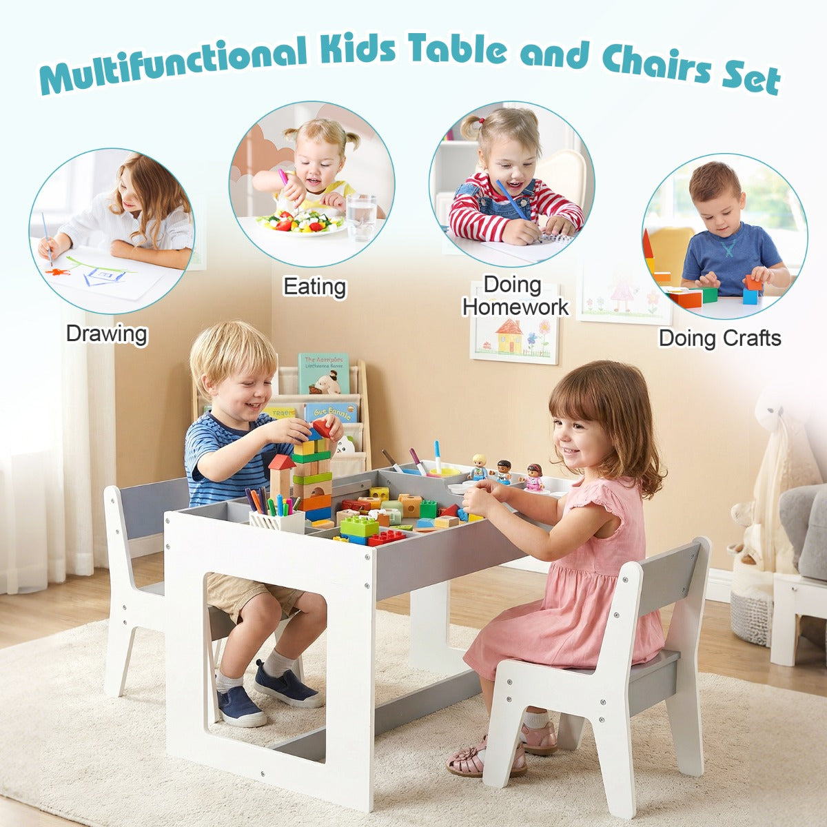 Livsk costway multifunctionele kindertafel 2 stoelen set zitgroep voor kinderen van hout met afneembaar dubbelzijdig tafelblad grijs en wit