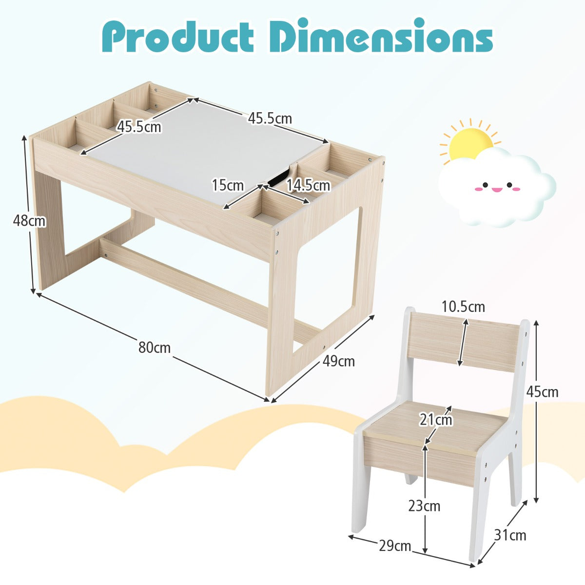 Livsk costway multifunctionele kindertafel 2 stoelen set zitgroep voor kinderen van hout met afneembaar dubbelzijdig tafelblad naturel 1
