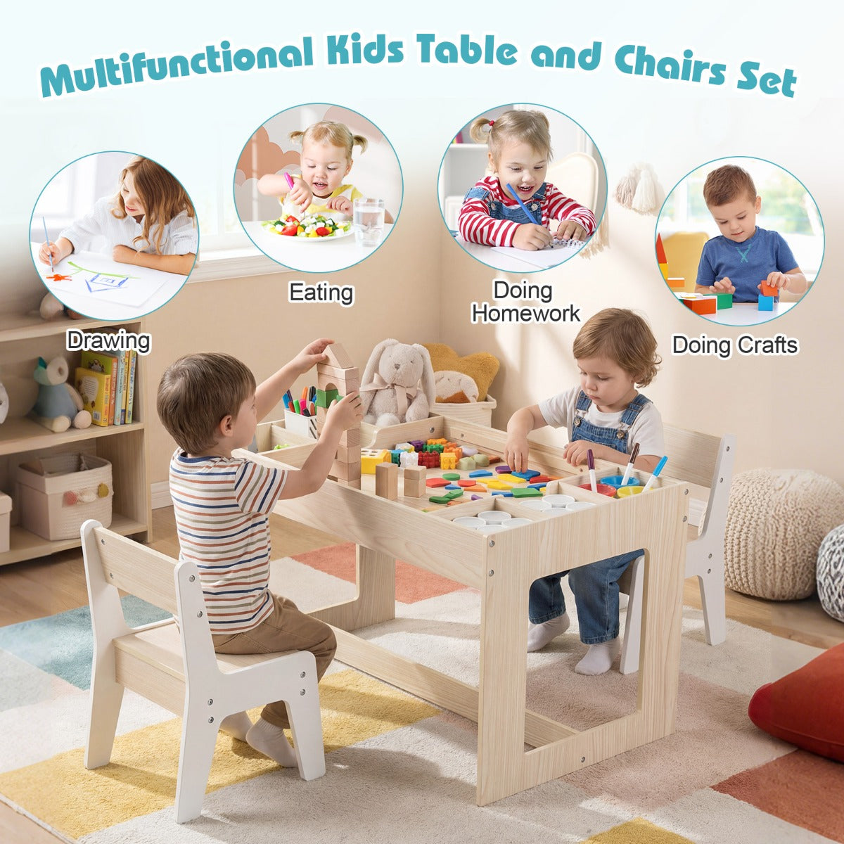 Livsk costway multifunctionele kindertafel 2 stoelen set zitgroep voor kinderen van hout met afneembaar dubbelzijdig tafelblad naturel
