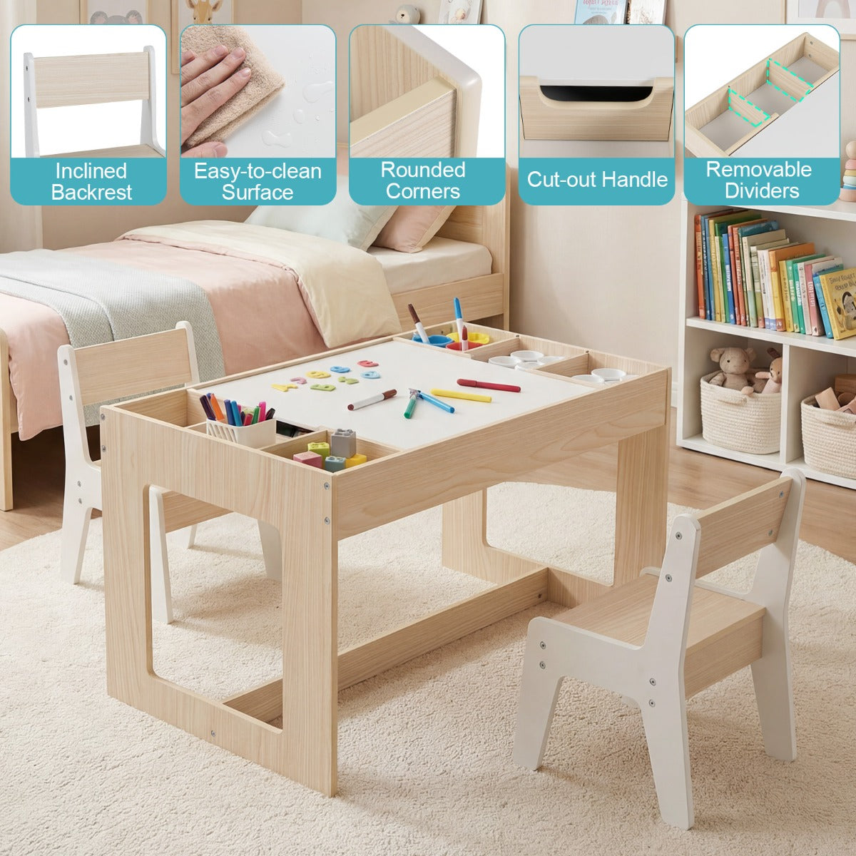Livsk costway multifunctionele kindertafel 2 stoelen set zitgroep voor kinderen van hout met afneembaar dubbelzijdig tafelblad naturel