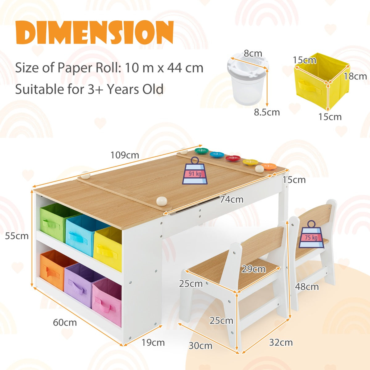 LIVSK Multifunctionele Kindertafel- en Stoelset - Opklapbaar - Inclusief Papierrol en Opbergbakken - Veiligheidsdetails - Wit +