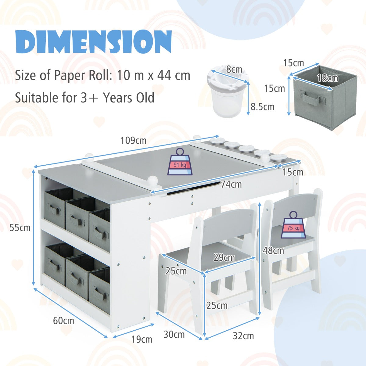 LIVSK Multifunctionele Kindertafel en Stoel Set - 2-in-1 met Opbergbakken en Papierrol - Veiligheidsdetails - Wit + Grijs