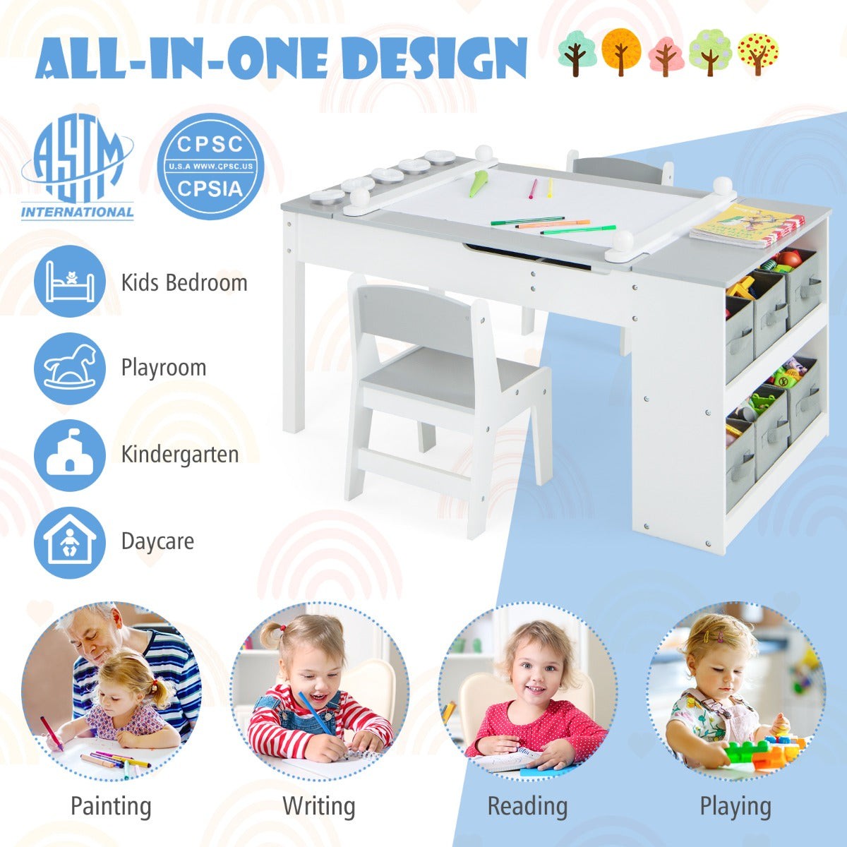 LIVSK Multifunctionele Kindertafel en Stoel Set - 2-in-1 met Opbergbakken en Papierrol - Veiligheidsdetails - Wit + Grijs