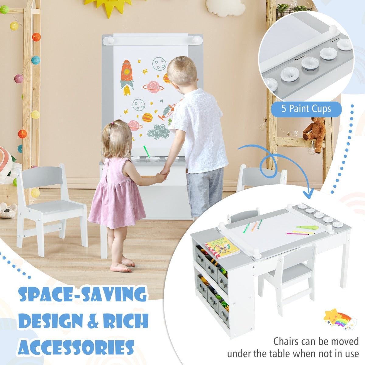 LIVSK Multifunctionele Kindertafel en Stoel Set - 2-in-1 met Opbergbakken en Papierrol - Veiligheidsdetails - Wit + Grijs