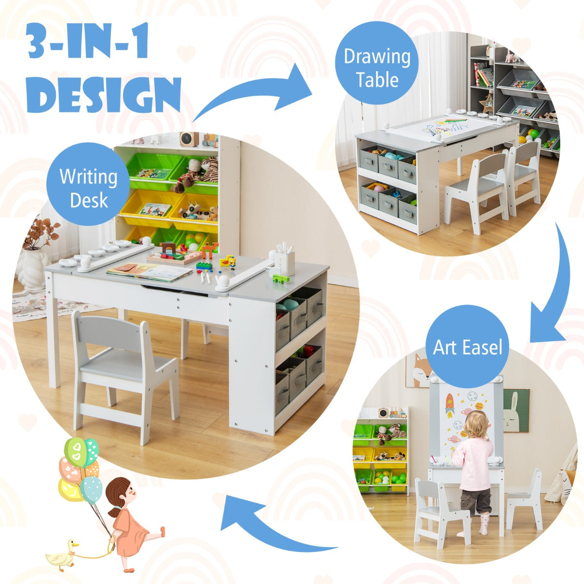 LIVSK Multifunctionele Kindertafel en Stoel Set - 2-in-1 met Opbergbakken en Papierrol - Veiligheidsdetails - Wit + Grijs