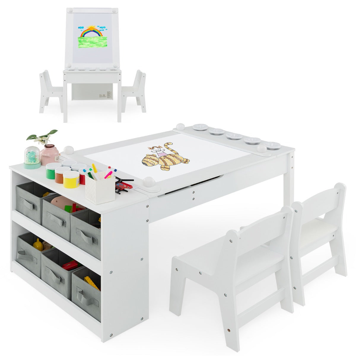 LIVSK Multifunctionele Kindertafel en Stoelset - Opklapbaar met Ingebouwde Ezel - Veilig Ontwerp - Inclusief Accessoires - Wit
