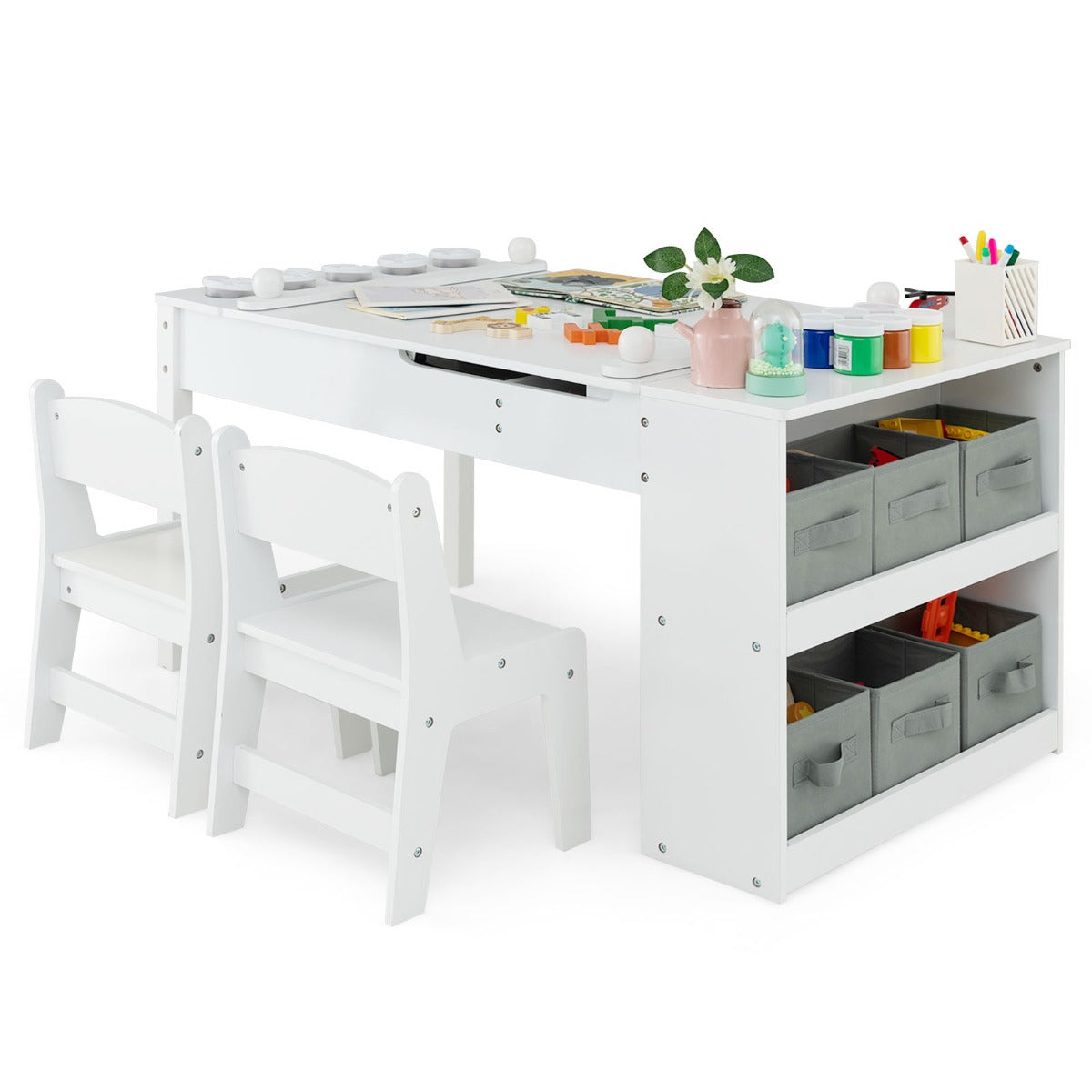 LIVSK Multifunctionele Kindertafel en Stoelset - Opklapbaar met Ingebouwde Ezel - Veilig Ontwerp - Inclusief Accessoires - Wit