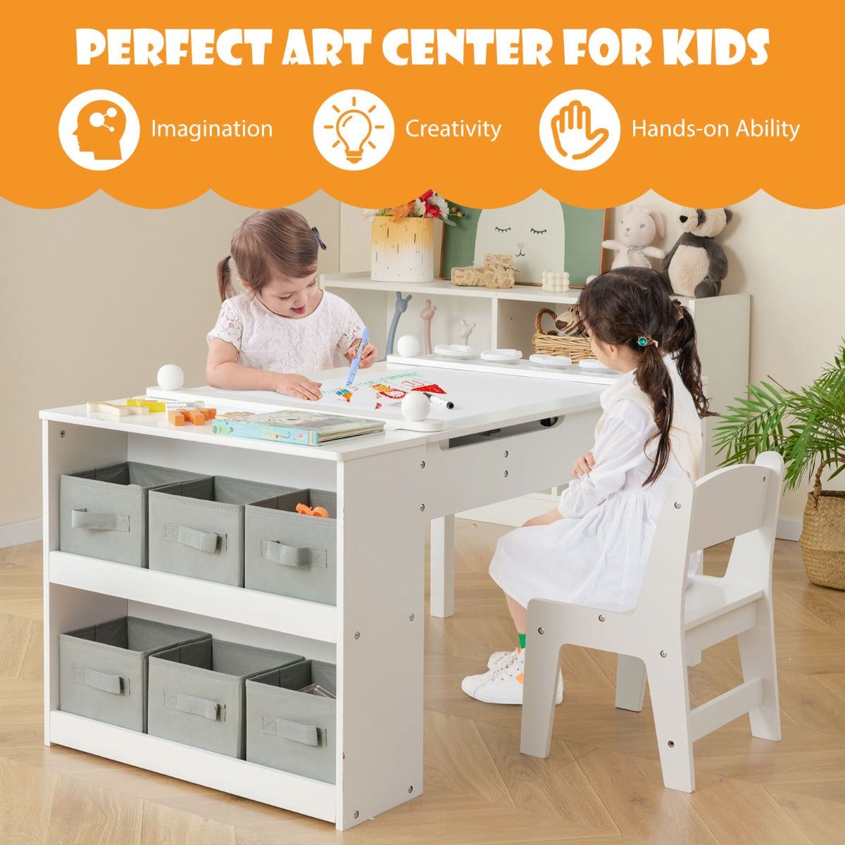 LIVSK Multifunctionele Kindertafel en Stoelset - Opklapbaar met Ingebouwde Ezel - Veilig Ontwerp - Inclusief Accessoires - Wit