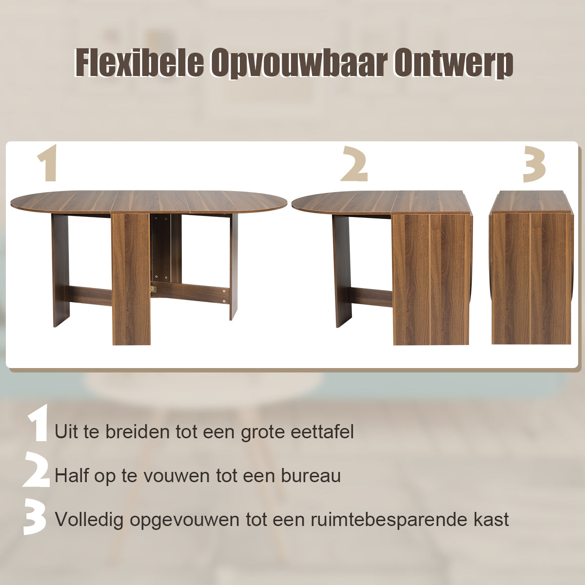 LIVSK Opvouwbare Eettafel - Multifunctioneel en Ruimtebesparend - Ronde Hoeken voor Veiligheid - 163 x 80 x 75 cm - Zoals
