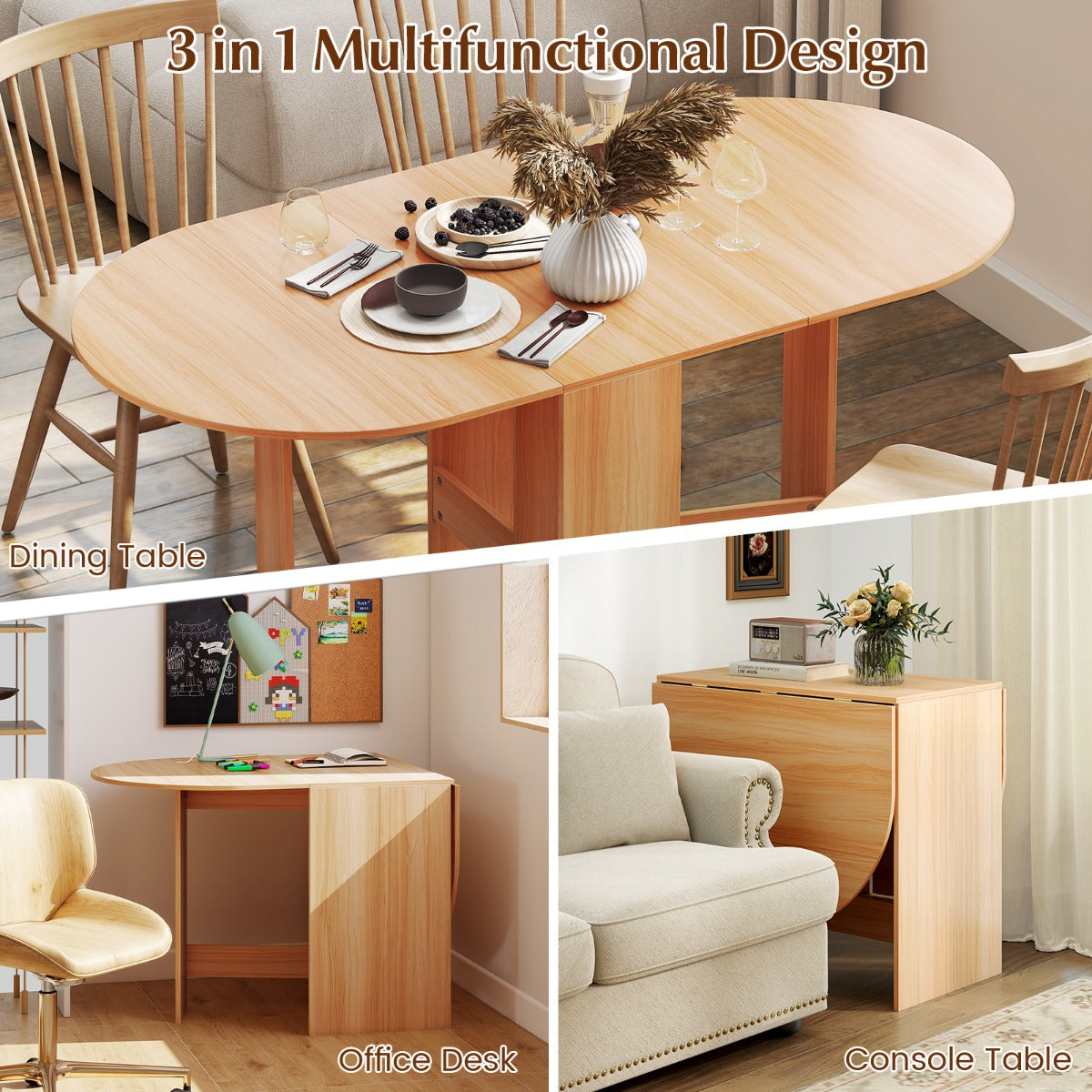Livsk costway multifunctionele opvouwbare tafel uitklapbare zijkant verlengbare eettafel ronde verlengbare eettafel 163 x 80 x 75cm naturel 6