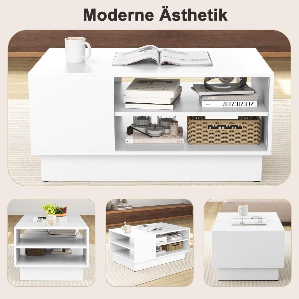 LIVSK Multifunctionele Salontafel - Opbergplanken - Draagkracht tot 100 kg - Eigentijds Design - 86 x 56 x 41 cm - Wit/Natuurlijk
