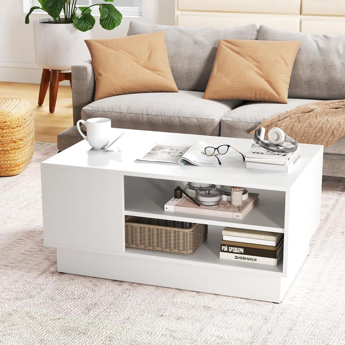 LIVSK Multifunctionele Salontafel - Opbergplanken - Draagkracht tot 100 kg - Eigentijds Design - 86 x 56 x 41 cm - Wit/Natuurlijk