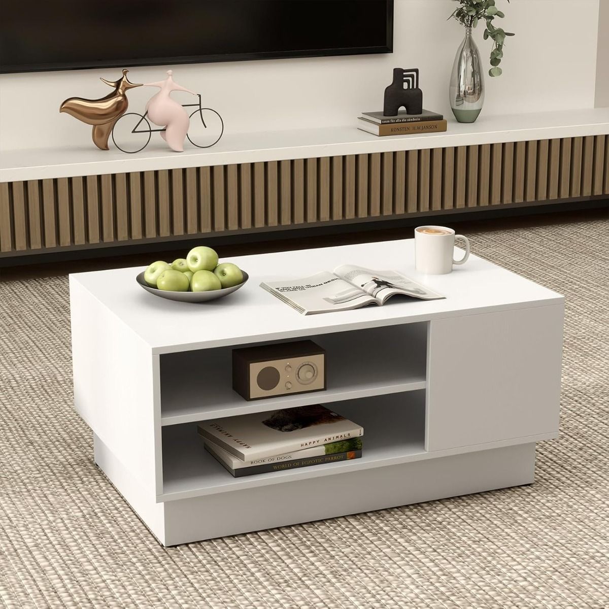 LIVSK Multifunctionele Salontafel - Opbergplanken - Draagkracht tot 100 kg - Eigentijds Design - 86 x 56 x 41 cm - Wit/Natuurlijk