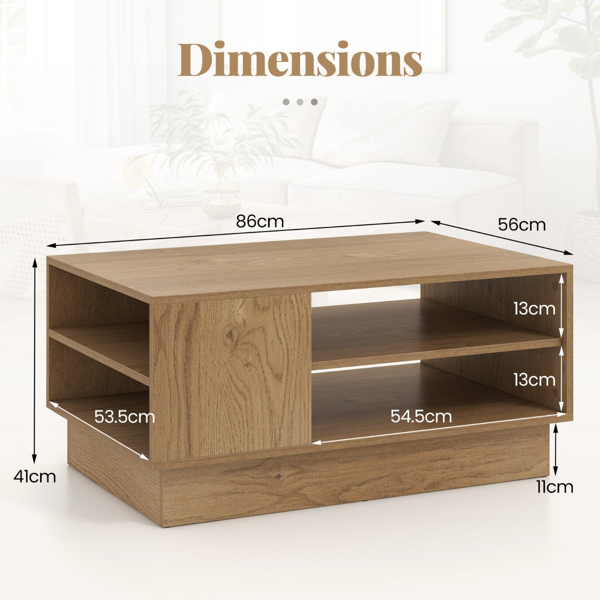 LIVSK Multifunctionele Salontafel - Opbergruimte op Twee Niveaus - Robuust Onderstel - Draagvermogen tot 100 kg - Wit/Natuurlijk