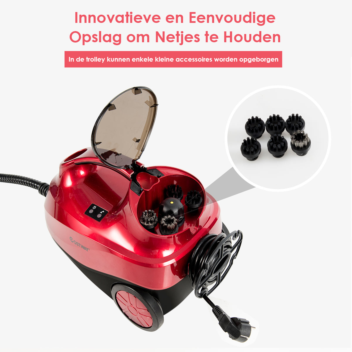 LIVSK Stoomreiniger 2000 W - 1,5 L Tank - Automatische Uitschakeling - 19 Accessoires - Tot 45 Minuten Stoomtijd - Rood