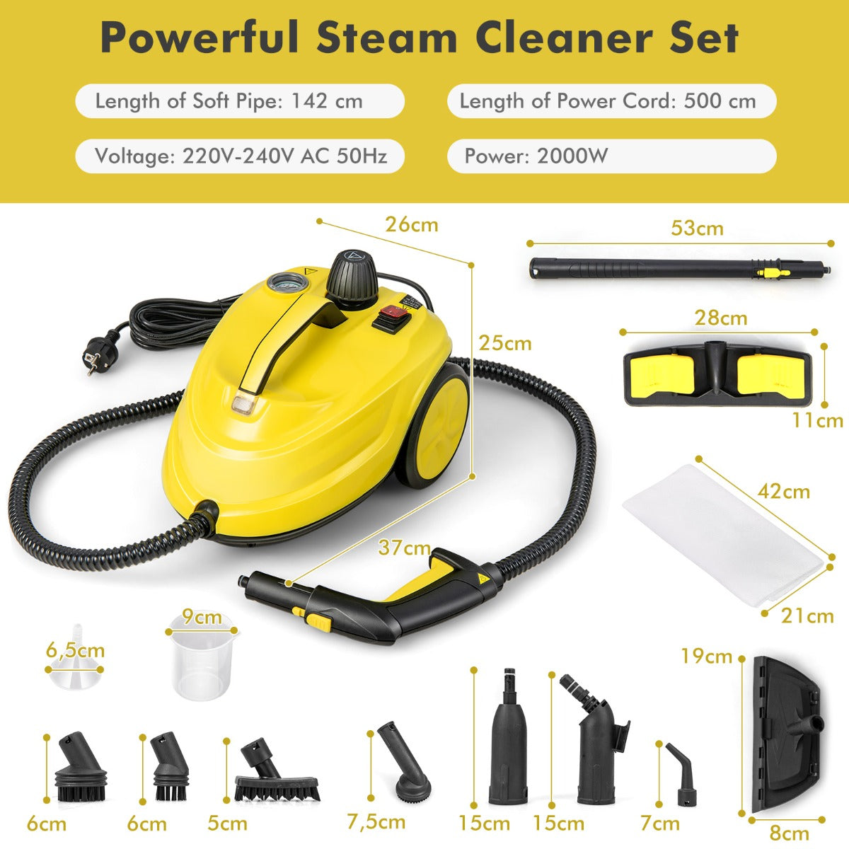 LIVSK Multifunctionele Stoomreiniger - 1,8L Capaciteit - 2000W - 160°C - 13 Accessoires - Veilig Ontwerp - Geel