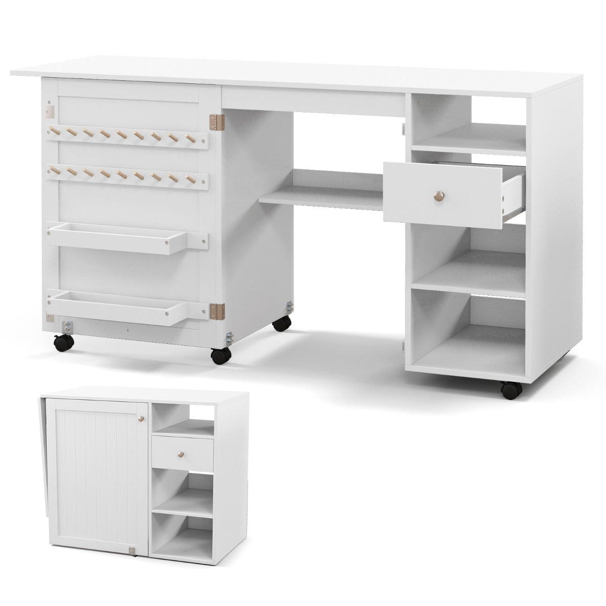 Livsk costway naaimachine kast inklapbare naaitafel opbergplanken dienblad garenhouder bureau multifunctioneel hand werkstation wit 1 1