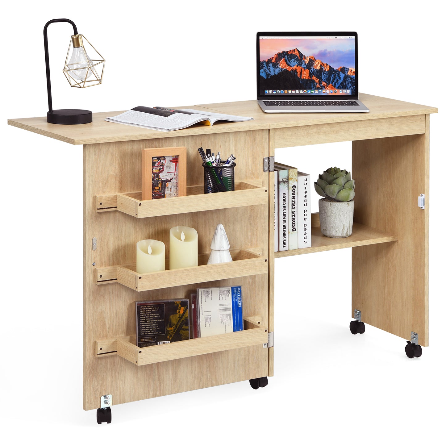 LIVSK Opklapbare Naaimachinetafel - Ruimtebesparend - 3 Opbergvakken - Flexibele Zwenkwielen - Hoogwaardig MDF - Licht notenhout