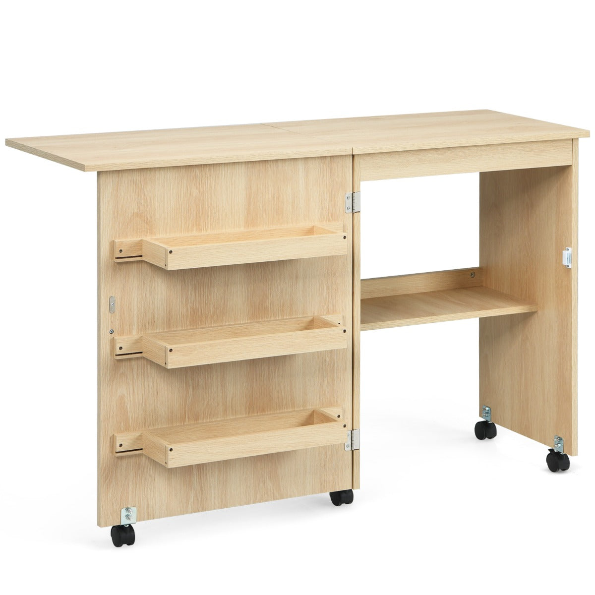 LIVSK Opklapbare Naaimachinetafel - Ruimtebesparend - 3 Opbergvakken - Flexibele Zwenkwielen - Hoogwaardig MDF - Licht notenhout