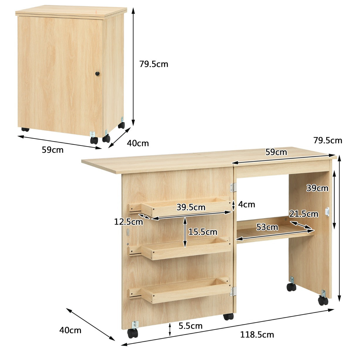 LIVSK Opklapbare Naaimachinetafel - Ruimtebesparend - 3 Opbergvakken - Flexibele Zwenkwielen - Hoogwaardig MDF - Licht notenhout