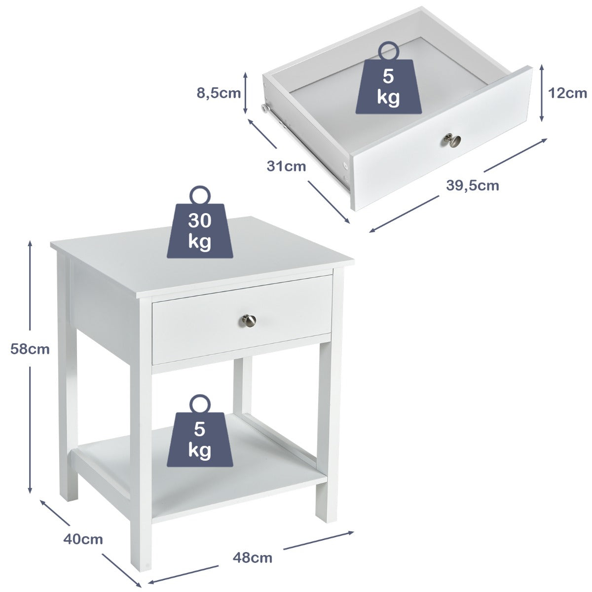 LIVSK Multifunctionele Bijzettafel met Lade - Ruim Blad en Open Schap - Eenvoudige Montage - Wit