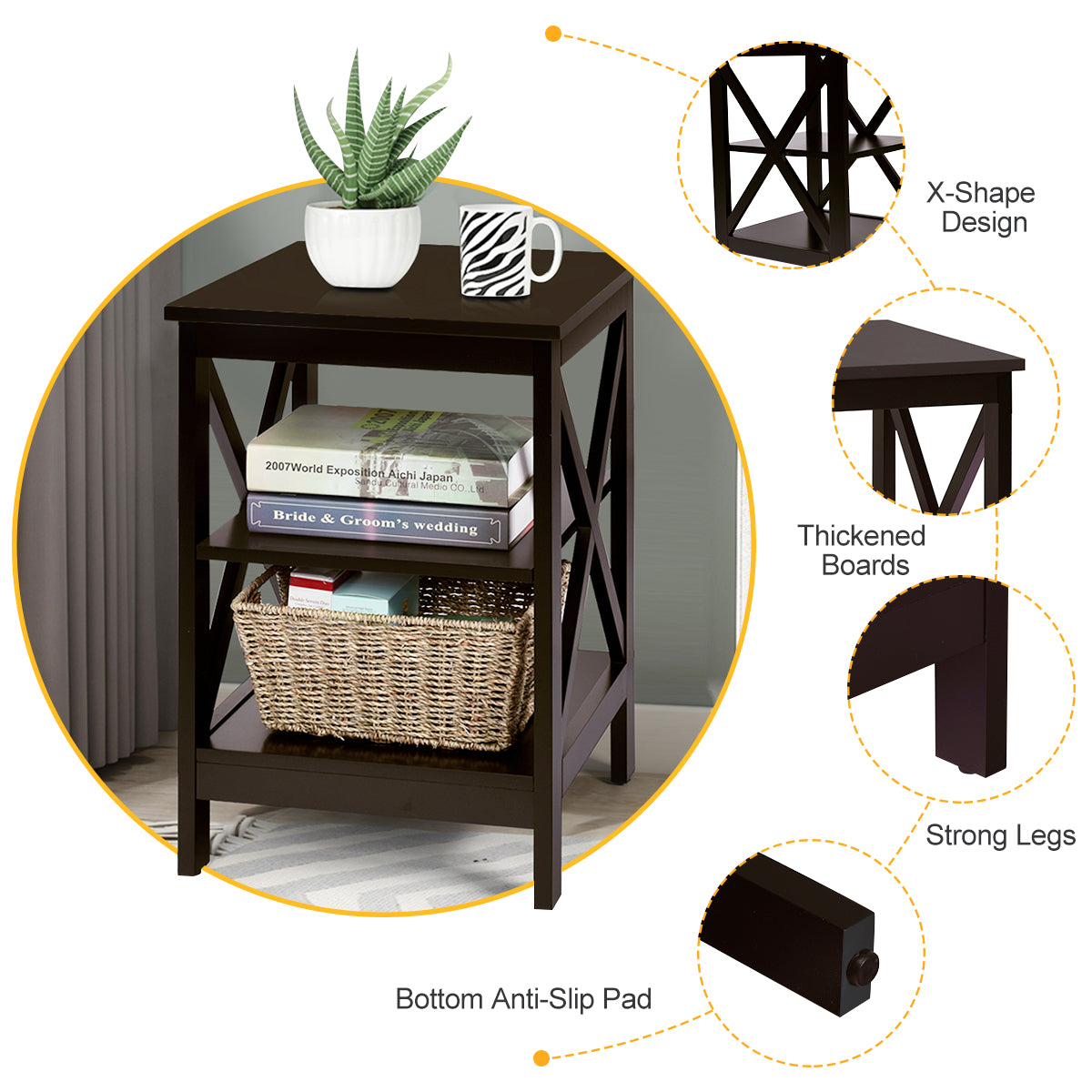 LIVSK Multifunctionele Bijzettafel - 3 Niveaus - Waterdicht - Duurzaam MDF - Eenvoudig te Monteren - 40 x 40 x 61 cm - Koffie