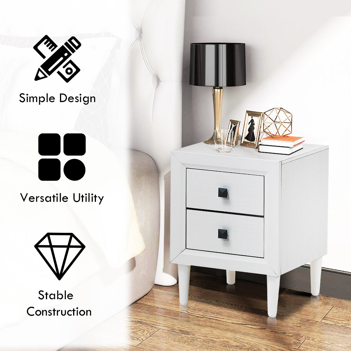 LIVSK Nachtkastje met 2 Laden - Modern en Elegant - Ruime Opbergruimte - Massief Rubberhouten Poten - 40 x 40 x 55 cm - Wit