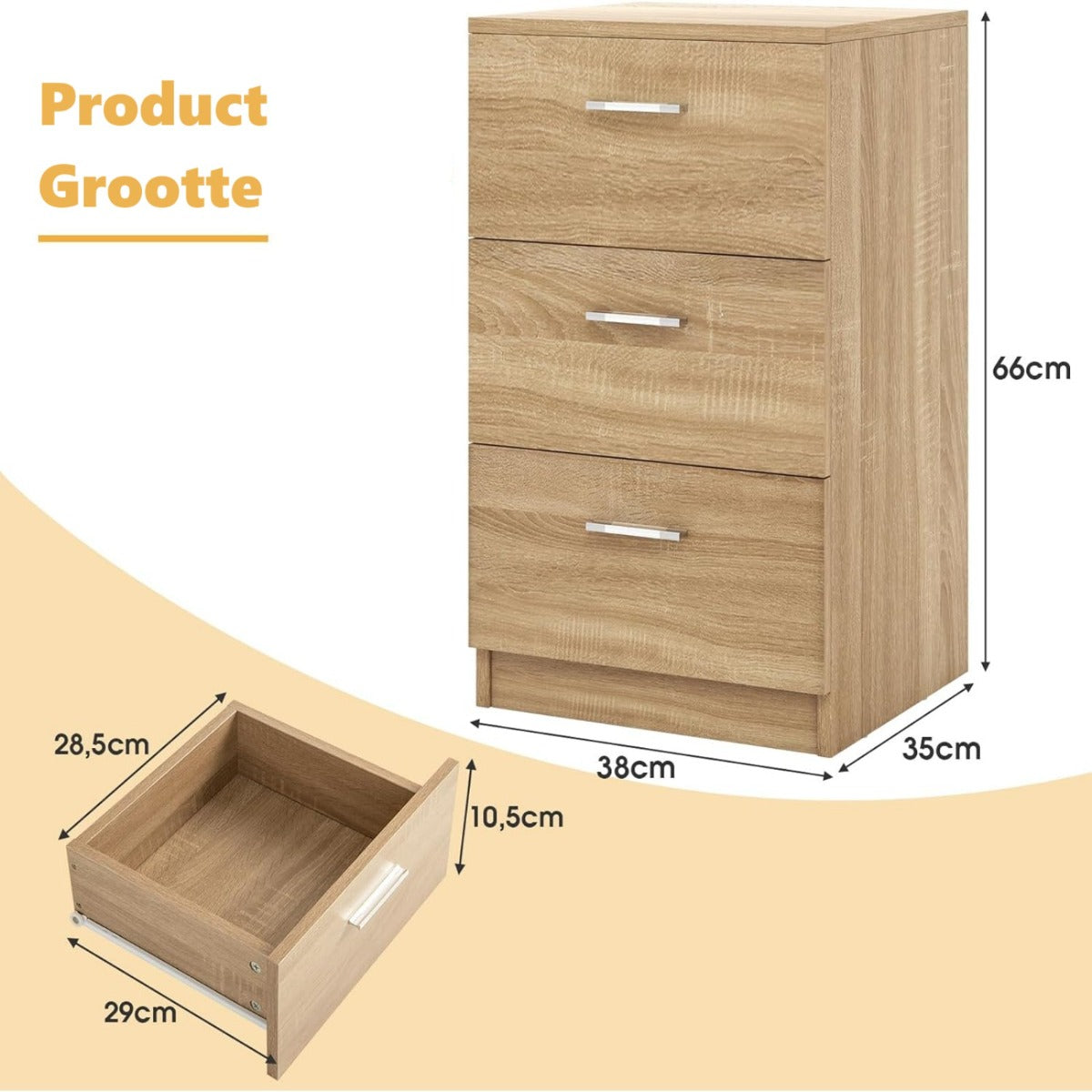 LIVSK Nachtkastje met 3 Laden - Hoogwaardig Spaanplaat - Compact Ontwerp - Ruime Opbergruimte - 38 x 35 x 66 cm - Natuurlijke