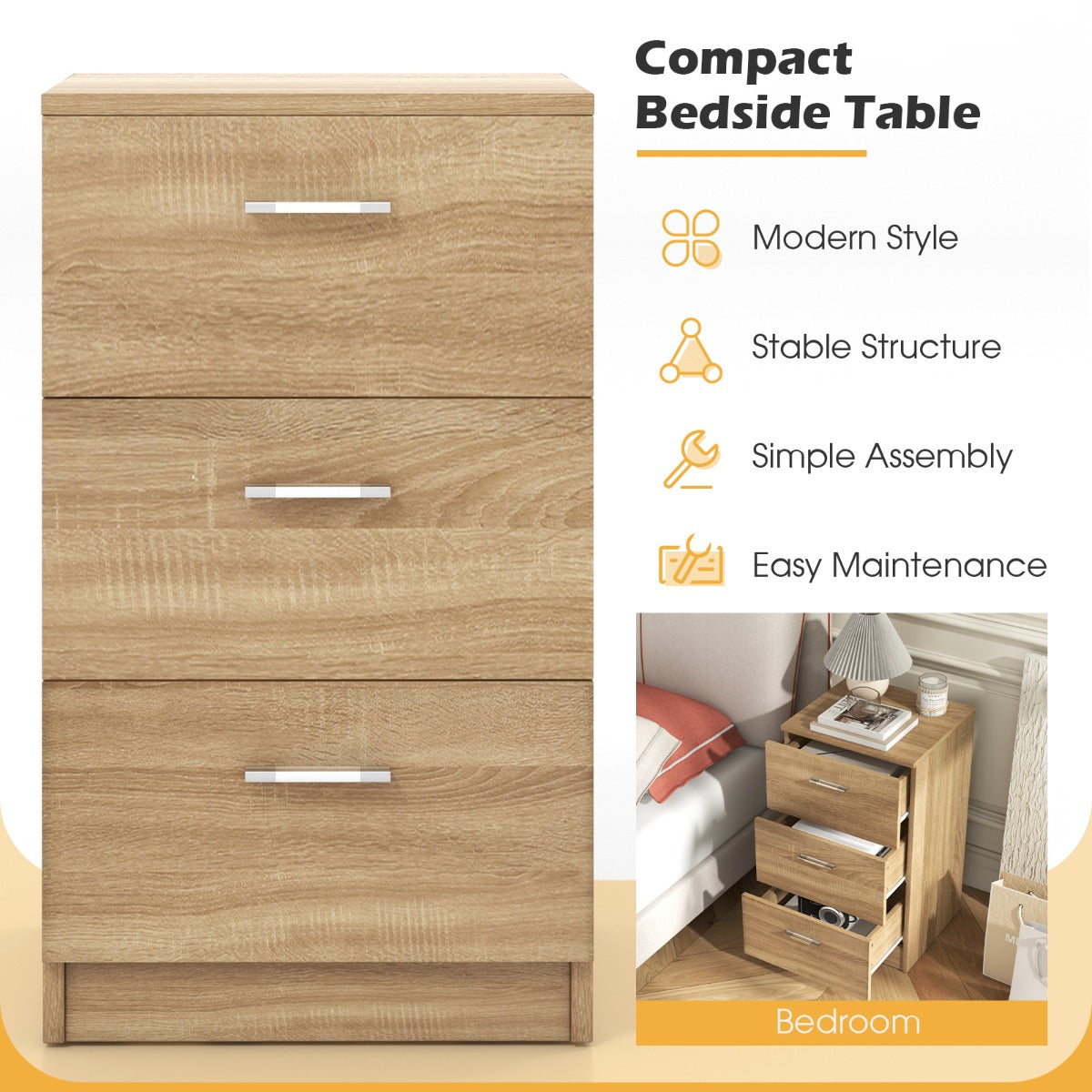 LIVSK Nachtkastje met 3 Laden - Hoogwaardig Spaanplaat - Compact Ontwerp - Ruime Opbergruimte - 38 x 35 x 66 cm - Natuurlijke