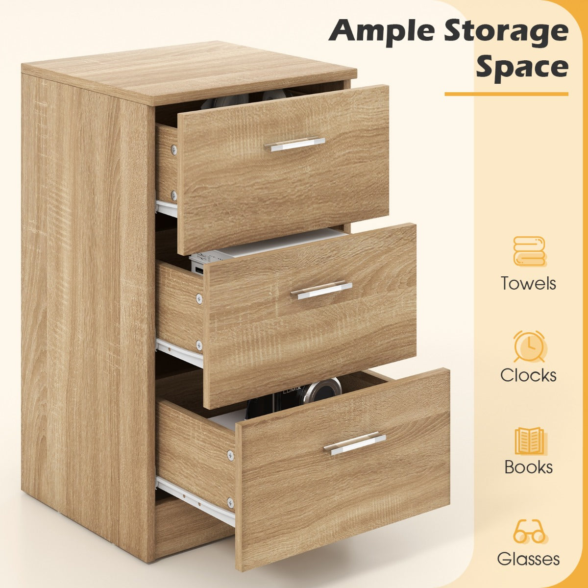 LIVSK Nachtkastje met 3 Laden - Hoogwaardig Spaanplaat - Compact Ontwerp - Ruime Opbergruimte - 38 x 35 x 66 cm - Natuurlijke
