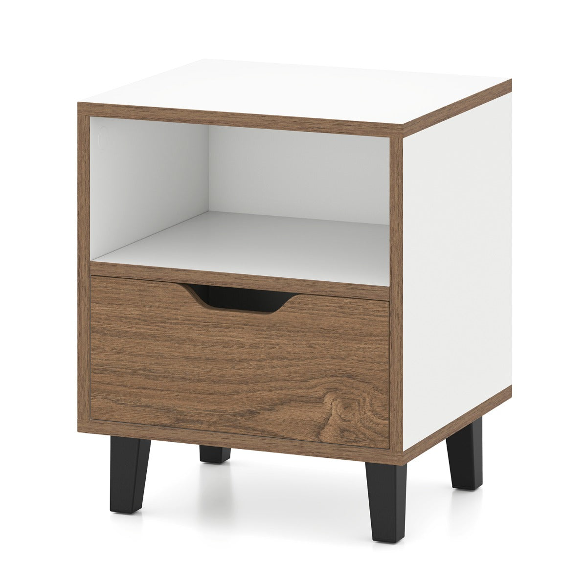 LIVSK Tweedelig Nachtkastje met Lade en Open Plank - Uniek Design - Robuuste Constructie - 37 x 33 x 44 cm - Natuurlijk + Wit