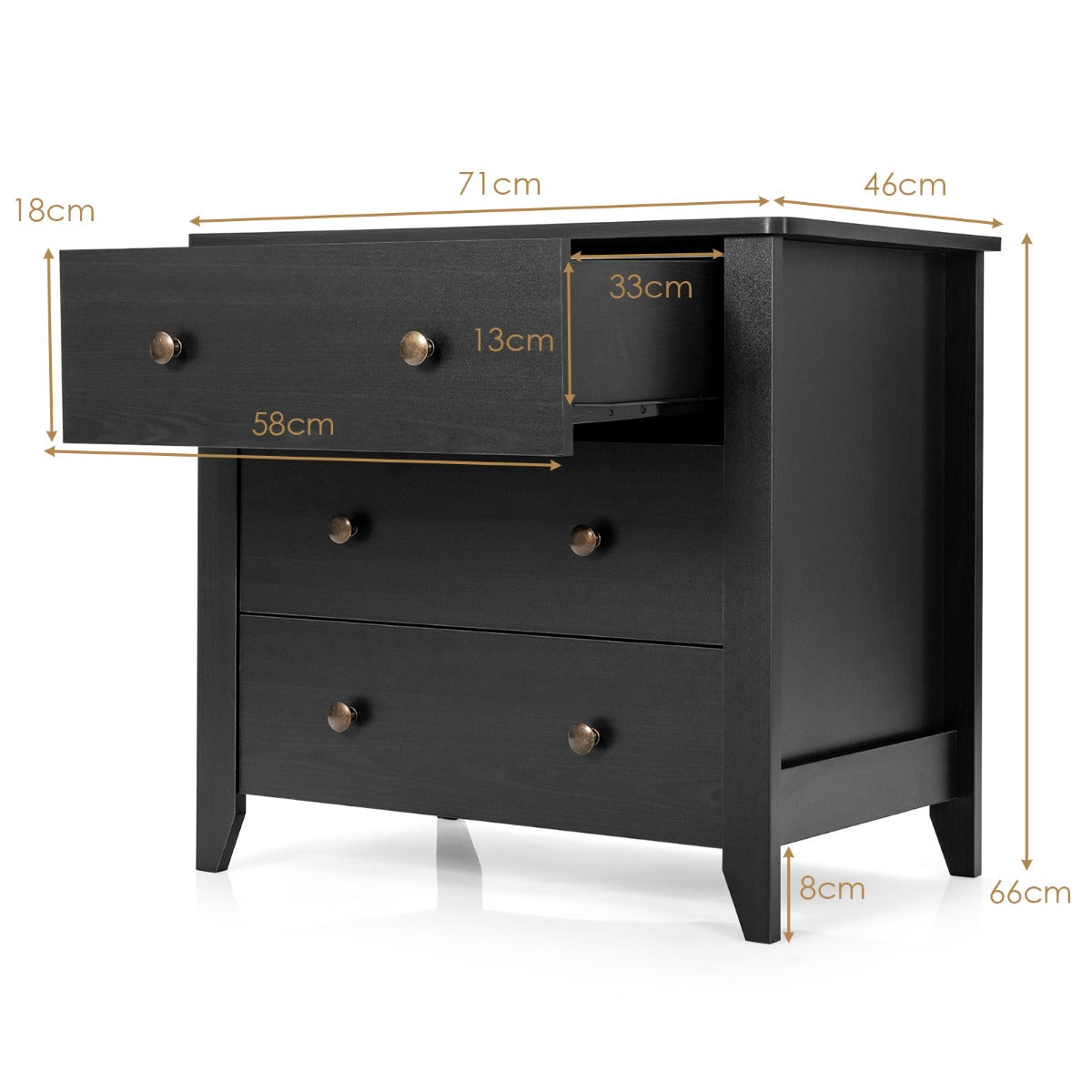 LIVSK Ladekast - 3 Laden - Duurzaam MDF - Krasbestendig en Waterdicht - Tot 100 kg - 71 x 46 x 66 cm - Zwart