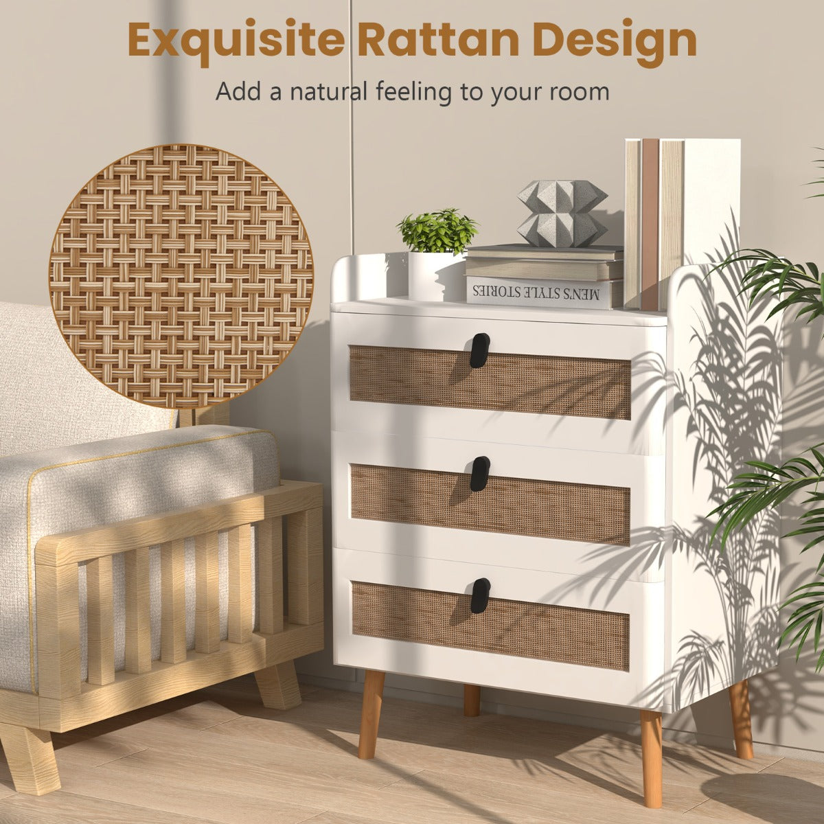 LIVSK Nachtkastje met 3 Lades - Modern en Rustiek Design - Massief Grenenhout - Antislip en Anti-kantelsysteem - Wit