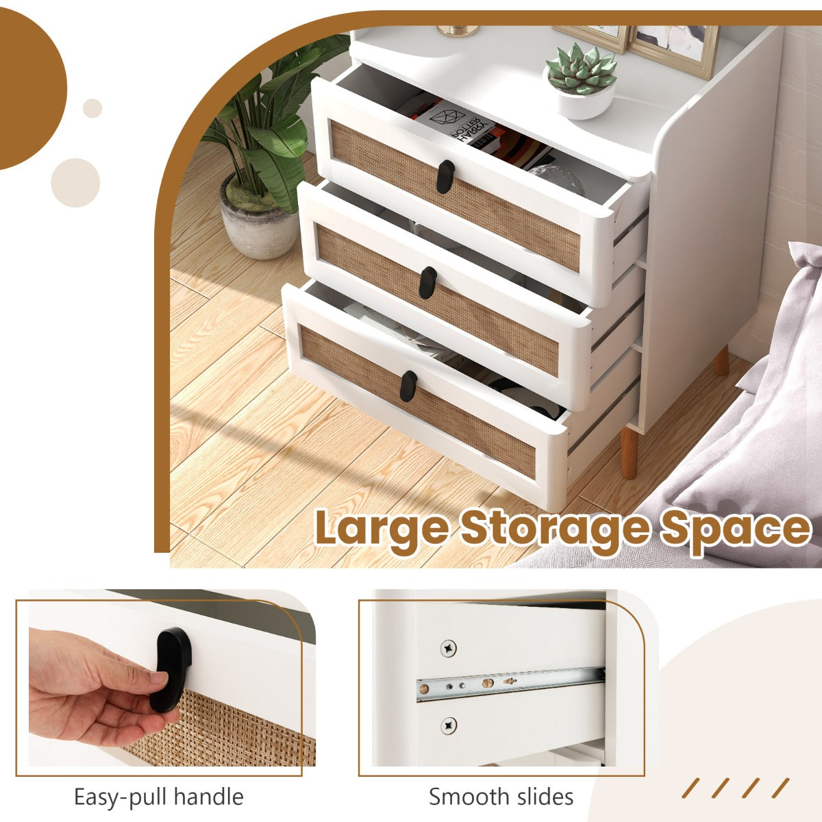 LIVSK Nachtkastje met 3 Lades - Modern en Rustiek Design - Massief Grenenhout - Antislip en Anti-kantelsysteem - Wit
