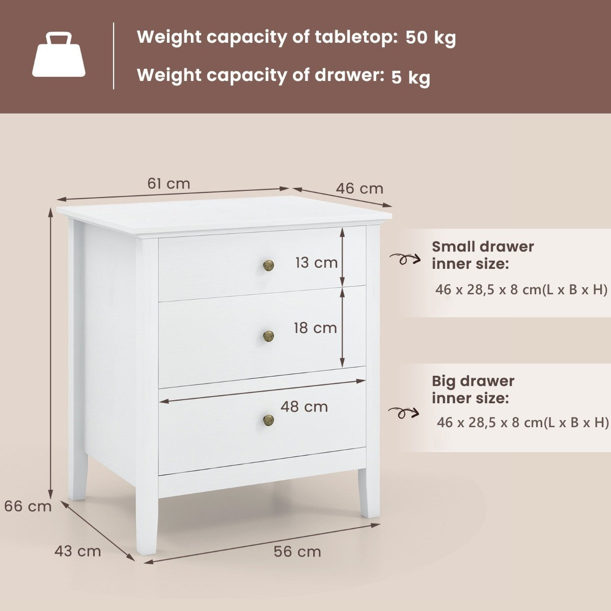 LIVSK Nachtkastje met 3 Lades - Hoogwaardig MDF - Multifunctioneel - Duurzaam en Elegant - 61 x 46 x 66 cm - Wit
