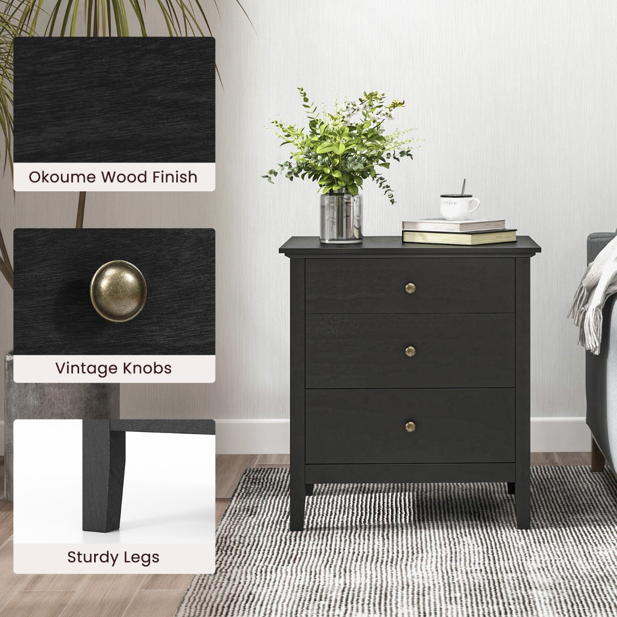 LIVSK Nachtkastje met 3 Lades - Hoogwaardig MDF - Multifunctioneel - Eenvoudige Montage - 61 x 46 x 66 cm - Zwart
