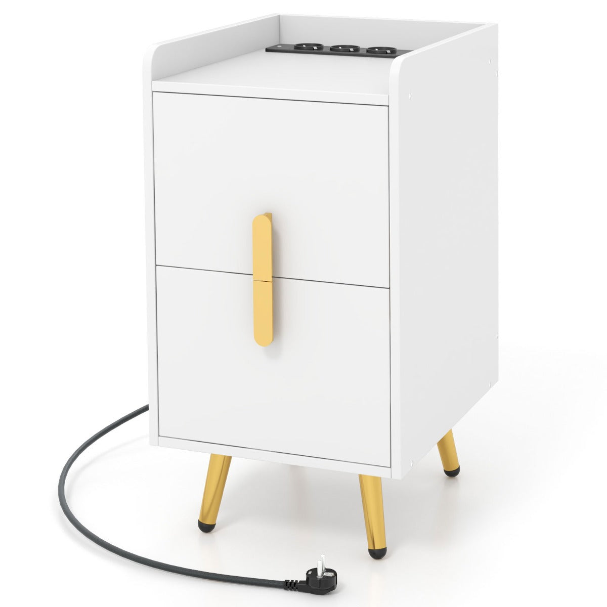 LIVSK Bijzettafel met Oplaadstation - 3 Stopcontacten en 2 USB-poorten - Uittrekbare Lades - 40 x 32 x 60 cm - Wit