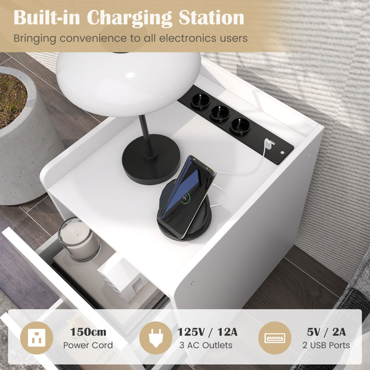 LIVSK Bijzettafel met Oplaadstation - 3 Stopcontacten en 2 USB-poorten - Uittrekbare Lades - 40 x 32 x 60 cm - Wit