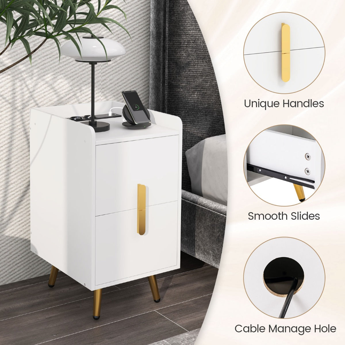 LIVSK Bijzettafel met Oplaadstation - 3 Stopcontacten en 2 USB-poorten - Uittrekbare Lades - 40 x 32 x 60 cm - Wit