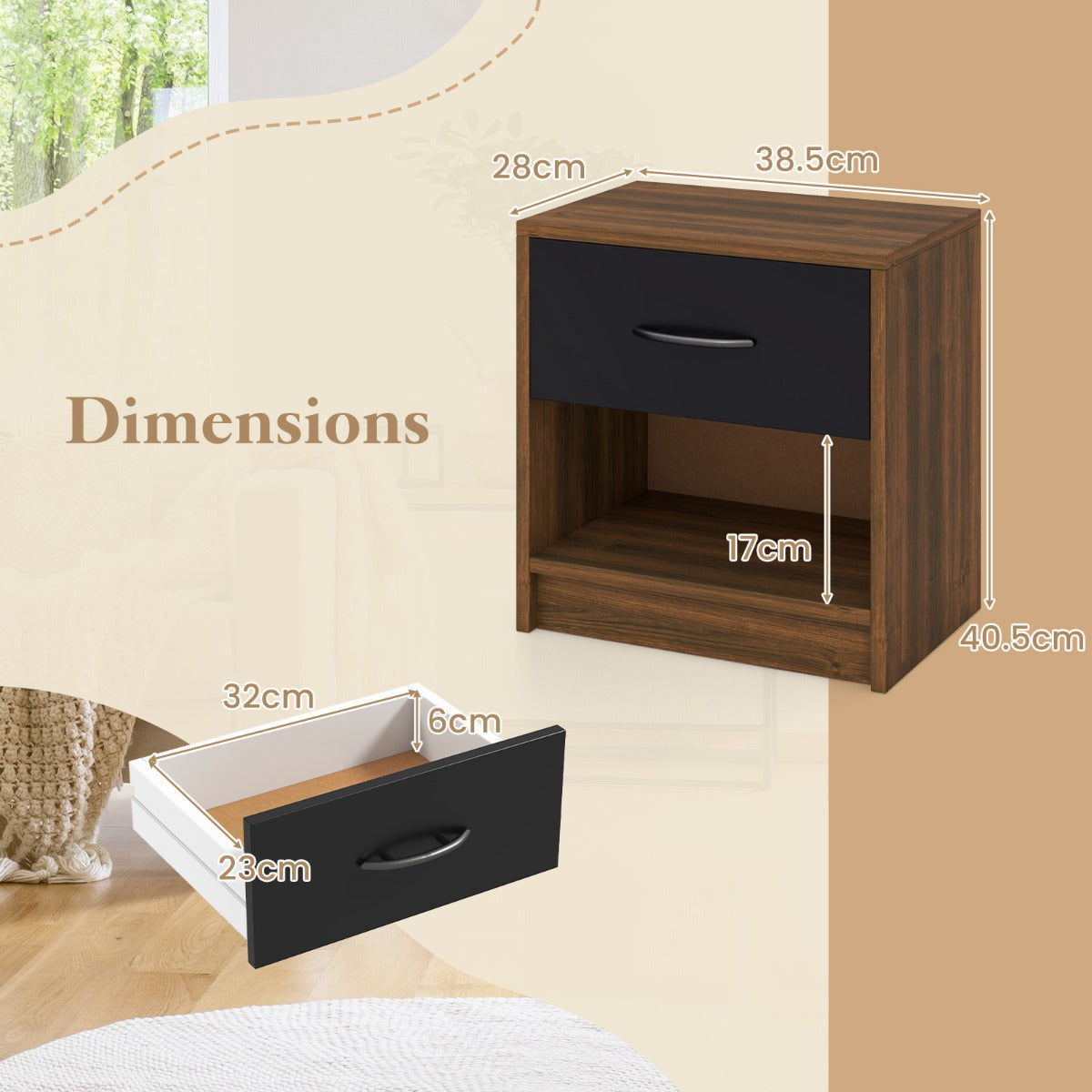 LIVSK Nachtkastje met Uittrekbare Lade - Ruim Bovenblad en Open Plank - Stevige Structuur met Antislip Pads - Modern Design -