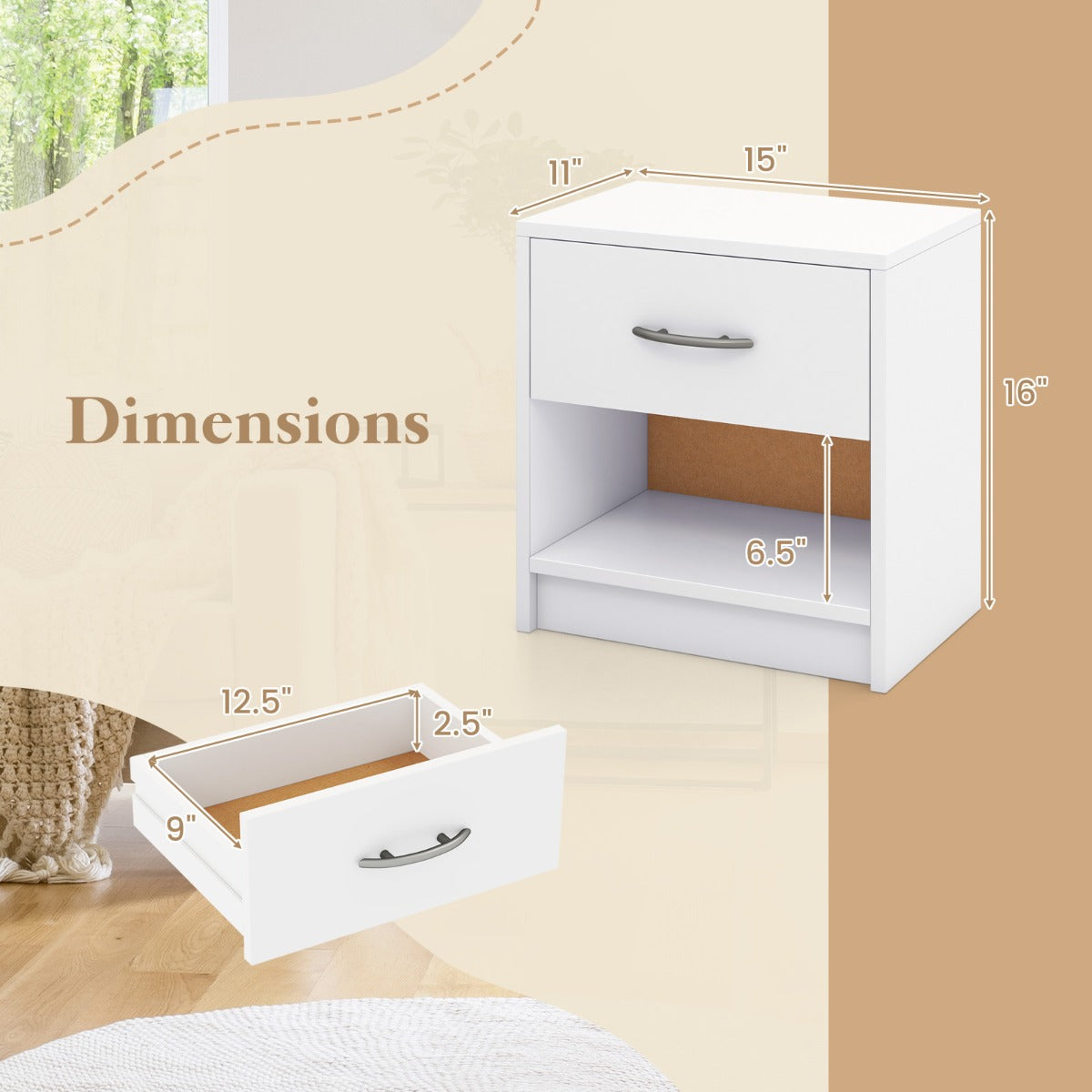 LIVSK Modern Nachtkastje - Uitschuifbare Lade & Open Plank - Stevige Constructie - Ruimtebesparend - 38,5 x 28 x 40,5 cm - Bruin