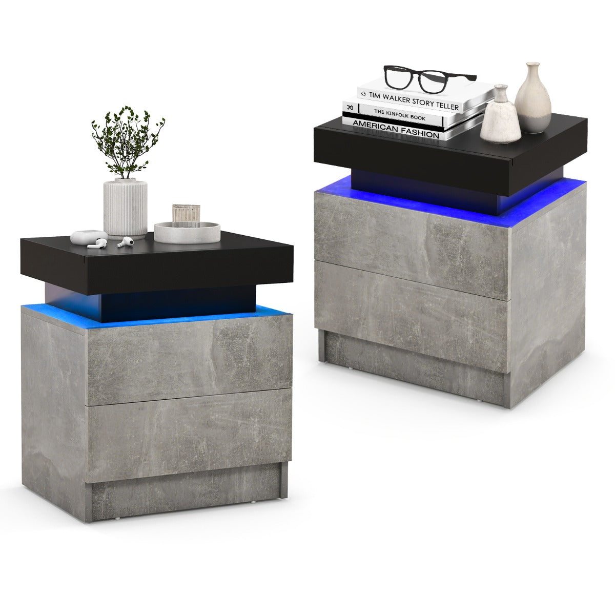 Livsk costway nachtkastje met led verlichting 2 lades afstandsbediening nachtkast 45 x 35 x 52 cm grijs