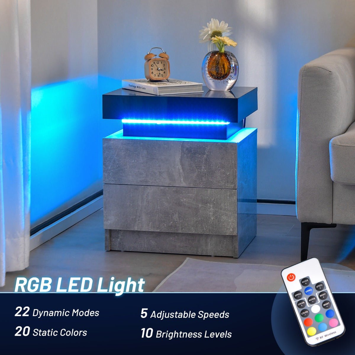 Livsk costway nachtkastje met led verlichting 2 lades afstandsbediening nachtkast 45 x 35 x 52 cm grijs