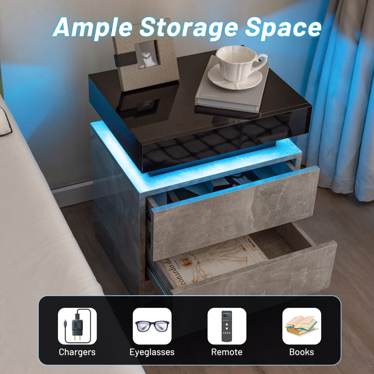 Livsk costway nachtkastje met led verlichting 2 lades afstandsbediening nachtkast 45 x 35 x 52 cm grijs