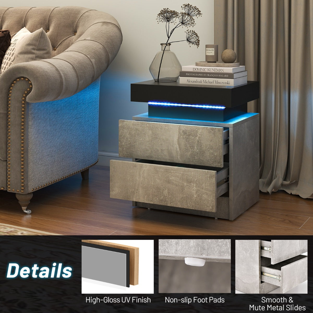 Livsk costway nachtkastje met led verlichting 2 lades afstandsbediening nachtkast 45 x 35 x 52 cm grijs