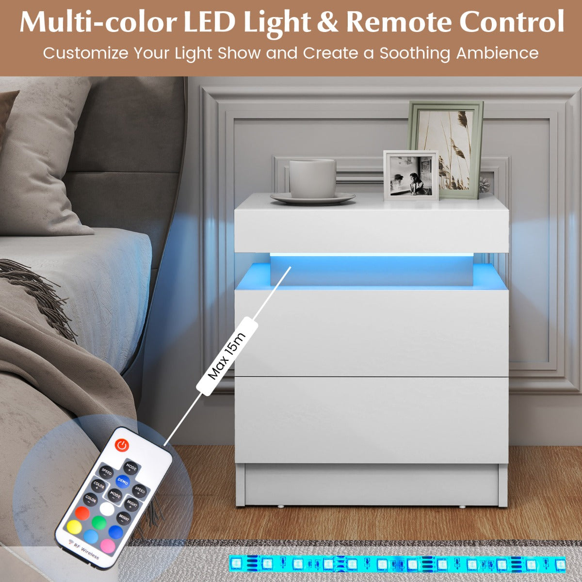 LIVSK LED-nachtcommode met 2 lades - Hoogglanzend zwart met marmerstructuur - RGB-verlichting - 45 x 35 x 52 cm - Wit