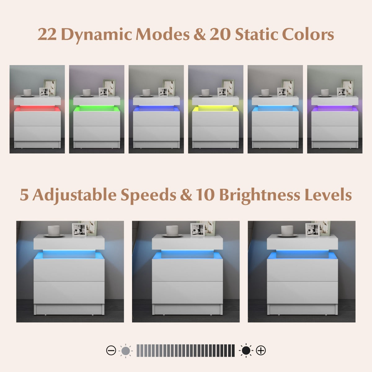 LIVSK LED-nachtcommode met 2 lades - Hoogglanzend zwart met marmerstructuur - RGB-verlichting - 45 x 35 x 52 cm - Wit