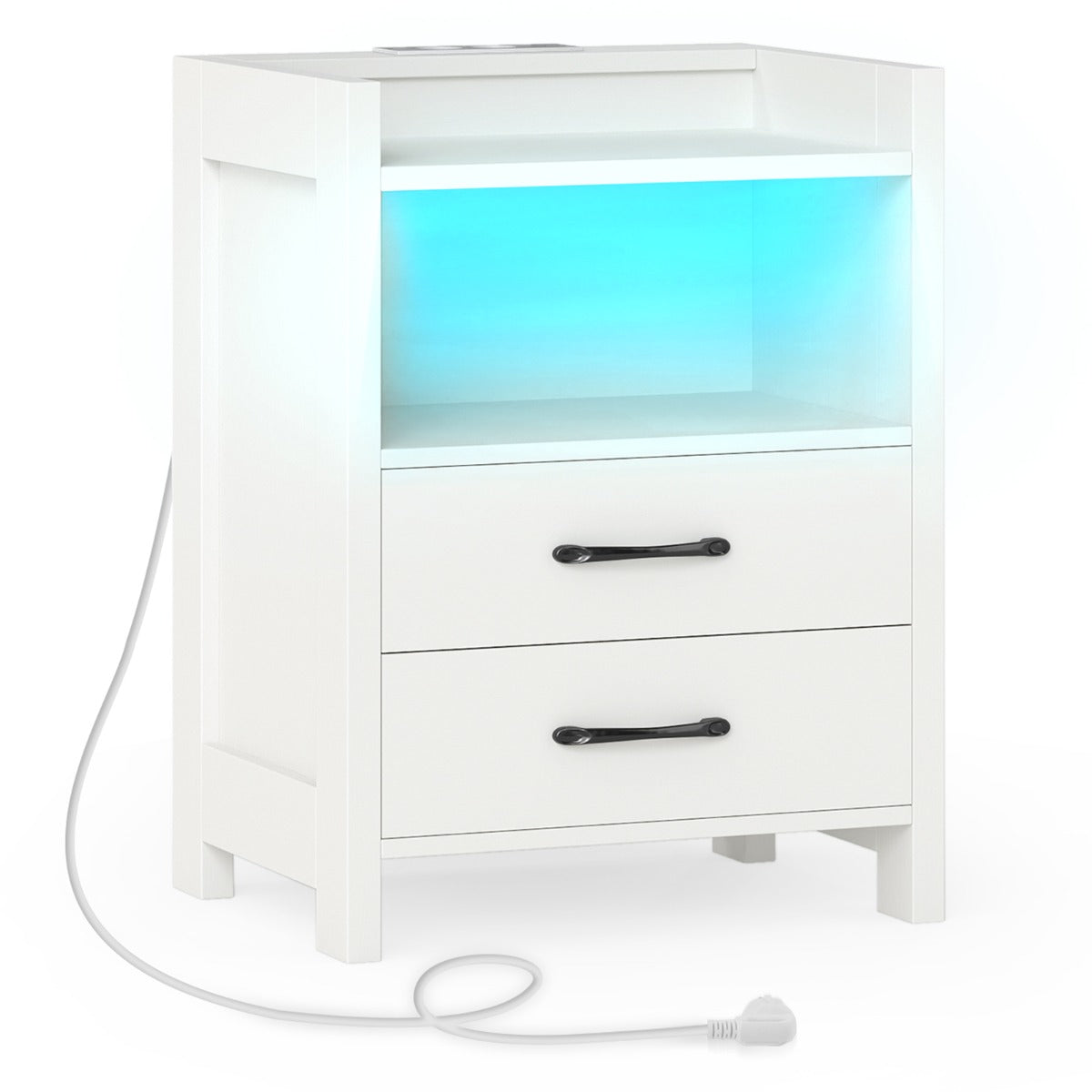 Livsk costway nachtkastje met ledverlichting en oplaadstation nachtkastje met twee lades en open opbergvak wit 1