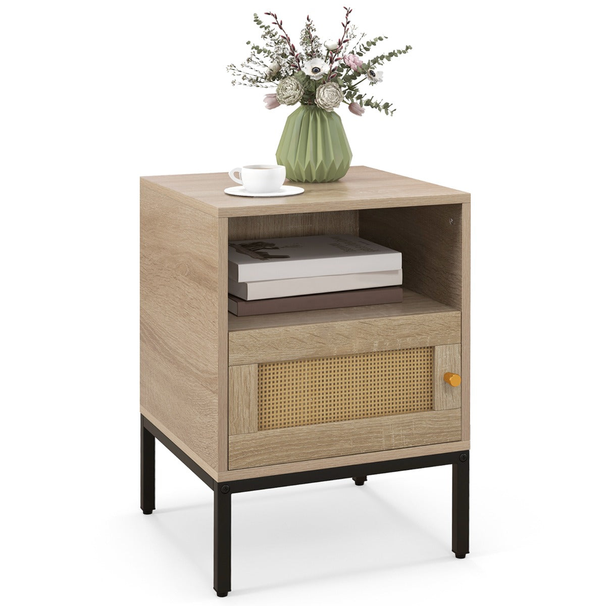 LIVSK Nachtkastje Bohemien Stijl - Rotan Design - Ruim Tafelblad - Open Plank - Kast met Deur - 40 x 40 x 57 cm - Natuurlijk